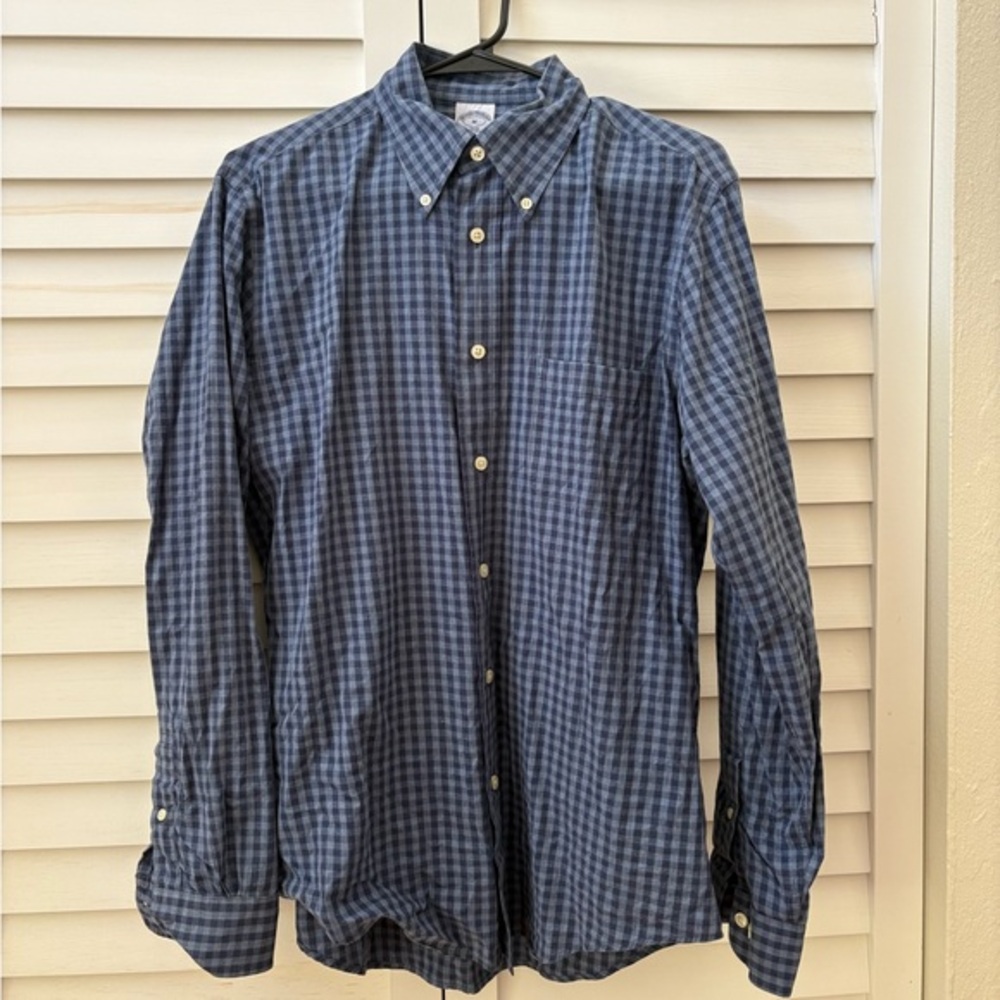 Brooks Brothers Navy Checkered Button Down Shirt Medium